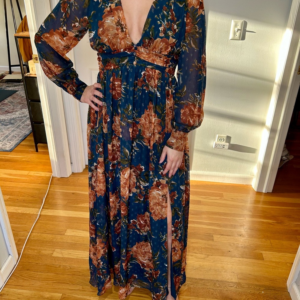 Aqua Navy and Brown Floral Long Sleeve Dress